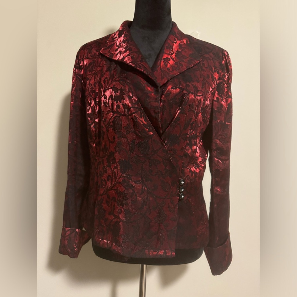 EUC R&K Evenings Red and Black Floral Side Button Blazer size 12